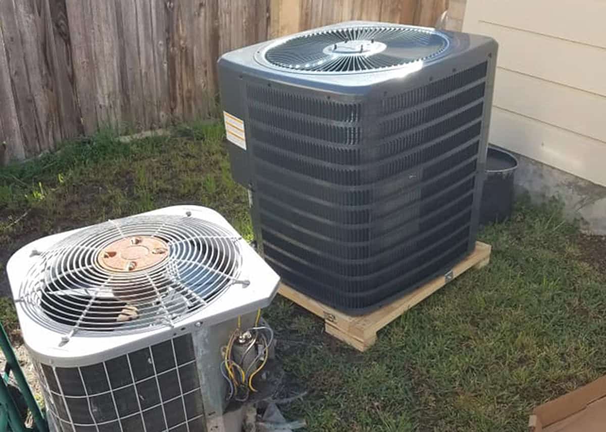 Comparison of an outdated R-22 air conditioner and a new energy-efficient SEER2 replacement in Forney.